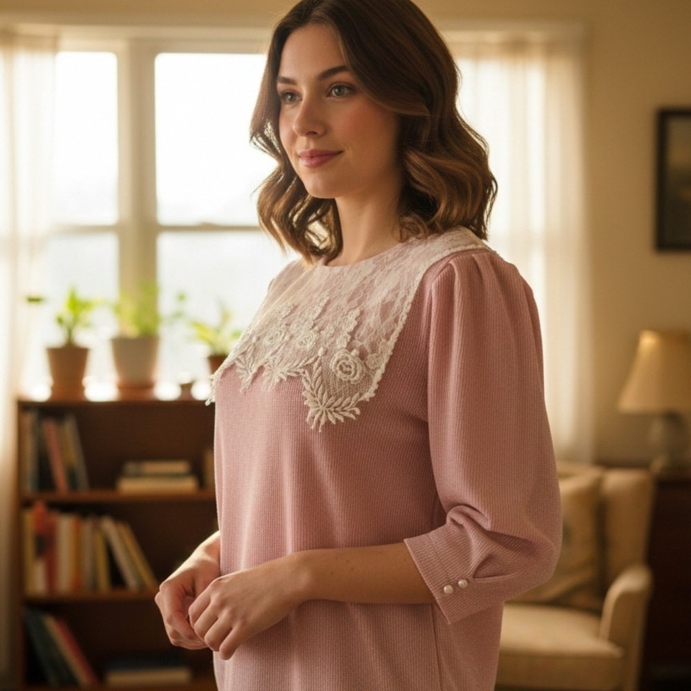 Jeffrey Y Dara Petite By Linda Hutley Chic Lace-Trimmed Blouse Sweatin Soft Pink